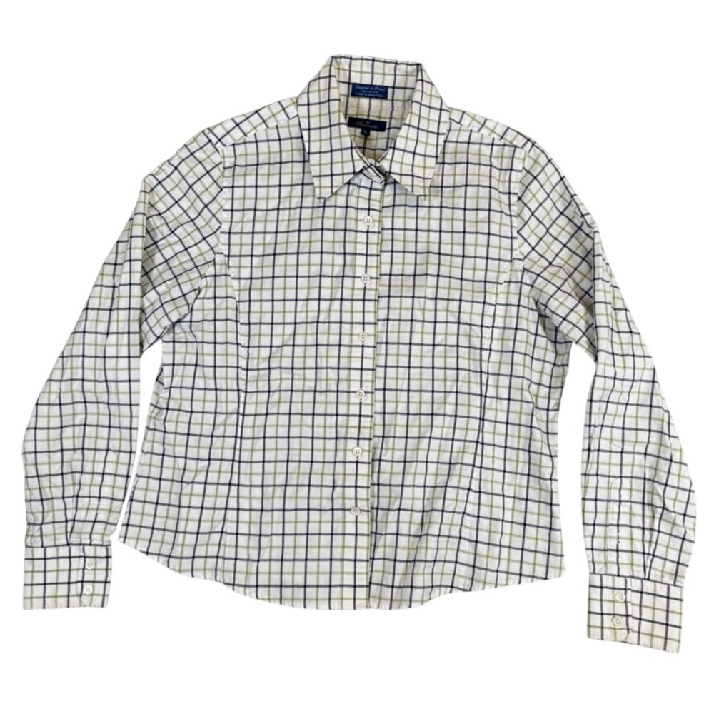 Faconnable Womens XL Cotton Plaid Button Down Shirt Navy Sage Green Dobby Weave